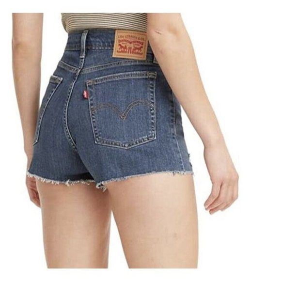 Levi's Women's High Rise Shorts Chelsea When-Dark Indigo Raw Hem Size 25 - Picture 3 of 4